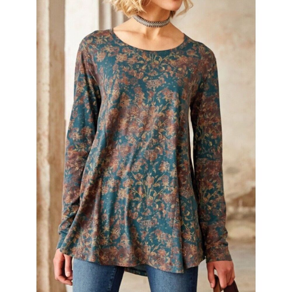 Peruvian Connection Twilight Meadow Top Women's M Long Sleeve Tunic Shirt